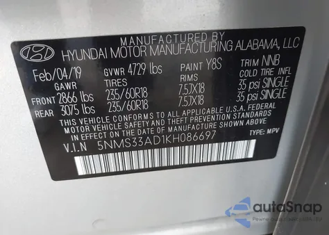 2019 Hyundai Santa Fe Sel Plus из США, поврежденный, VIN 5NMS33AD1KH086697